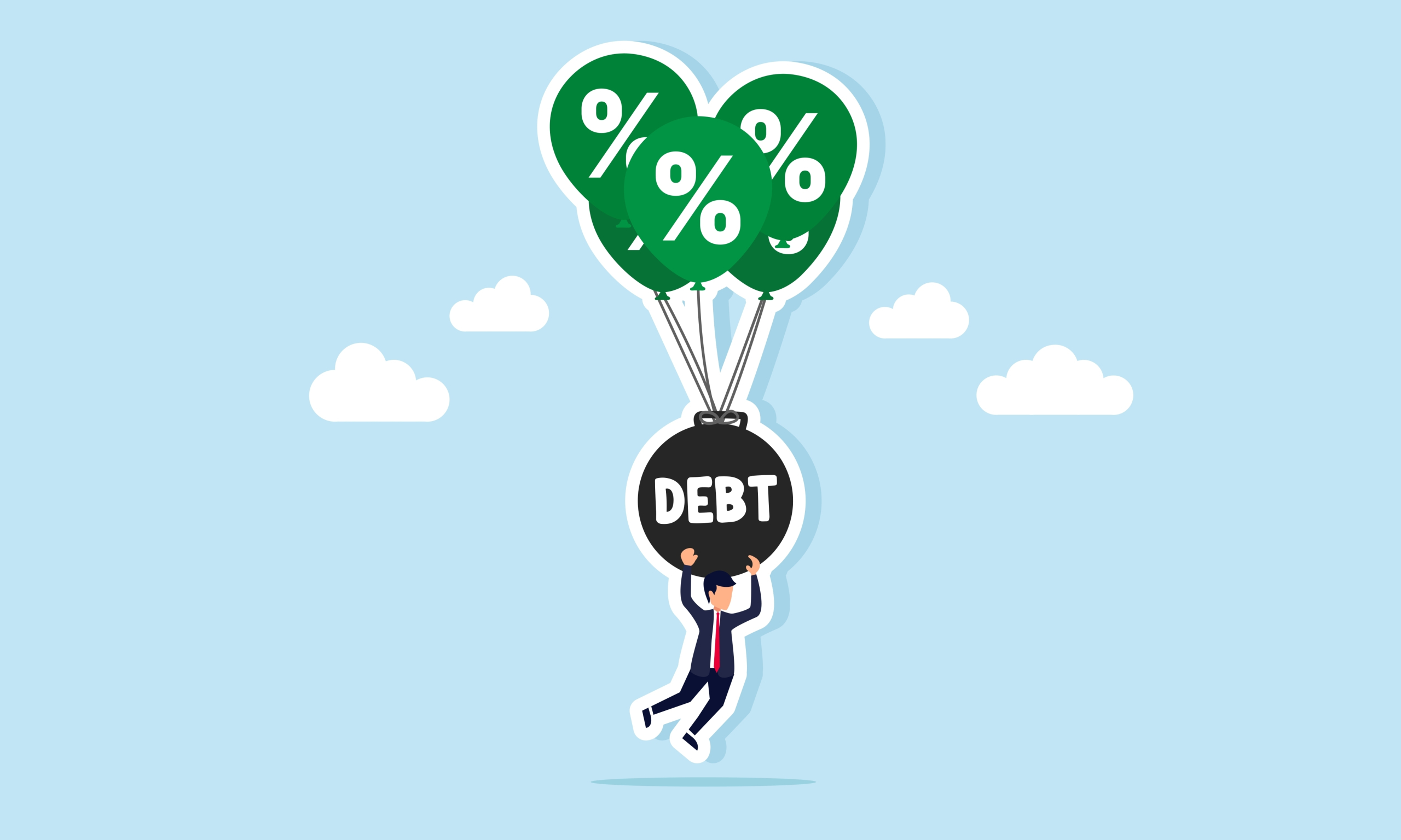 Businessman weighed down by debt, lifted by balloons representing debt relief